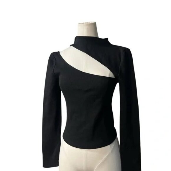 Anthropologie Long Sleeve Black Cut Out Top Ribbed knit Asymmetrical shirt in XS - Picture 6 of 6